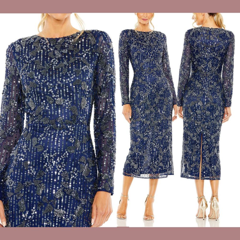 NWT$698 Mac Duggal [ 14 ] 5988 High Neck Long Sleeve Embellished Dress Blue Q824